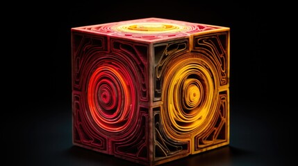 A cube with a spiral pattern in shades of yellow and pink