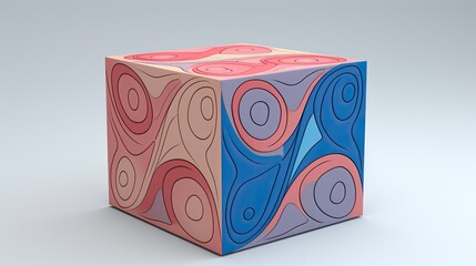 A cube with an oval pattern in shades of pink and blue