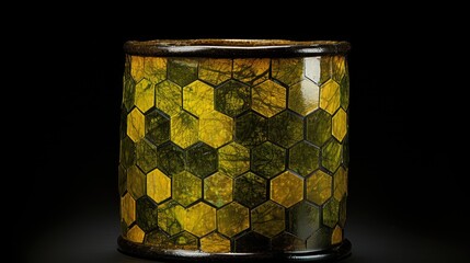 A cylinder with a hexagonal pattern in shades of green and yellow