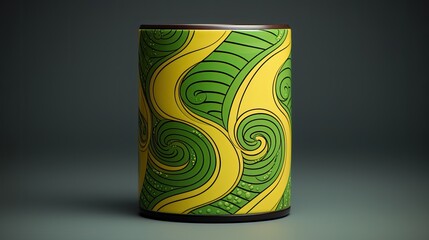 A cylinder with a circular pattern in shades of green and yellow