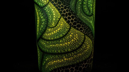 A cylinder with a spiral pattern in shades of green and yellow