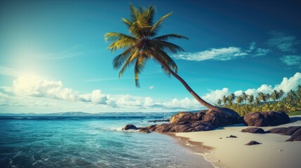 Fototapeta na wymiar A deserted island with a lone palm tree swaying in the breeze