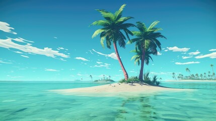 A deserted island with a lone palm tree swaying in the breeze