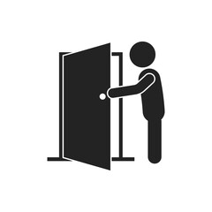 Isolated pictogram man open door with door handle, template design for safety do not enter, exit, way out, direction, indoor sign, open close door