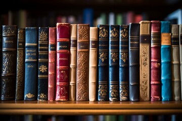 Close-up of books on library shelf: education, learning, university study. Generative AI - obrazy, fototapety, plakaty