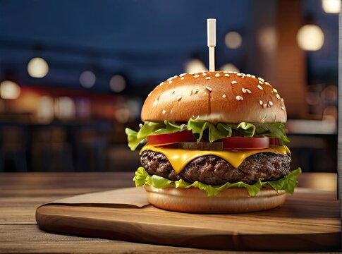 Appetizing hamburger on a wooden table against the backdrop of an evening restaurant.- (3)