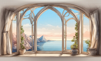 Illustration artwork of an amazing house beside the ocean, landscape