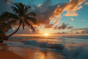 Fototapeta na wymiar A serene beach sunset scene with palm trees and ocean waves. AI generative