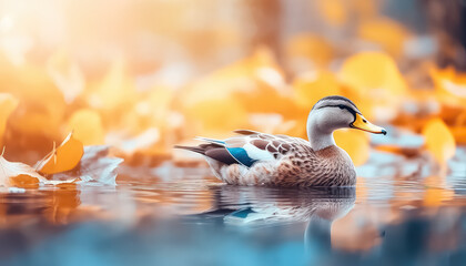 Duck swimming in the water in autumn - obrazy, fototapety, plakaty