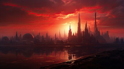 A futuristic cityscape with a view of the skyline and a red sky