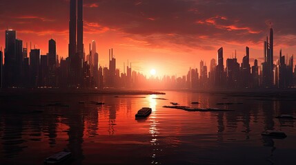 A futuristic cityscape with a view of the skyline and a red sky
