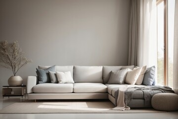 Interior home design of modern living room with gray sofa and houseplants against stucco wall