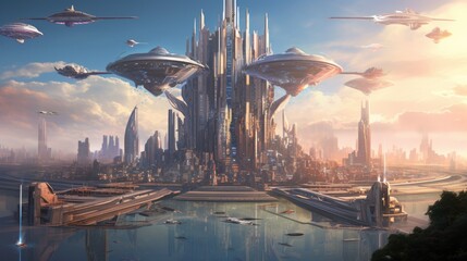 A futuristic cityscape with flying cars and towering skyscrapers - obrazy, fototapety, plakaty