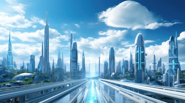A futuristic cityscape with a view of the skyline and a blue sky