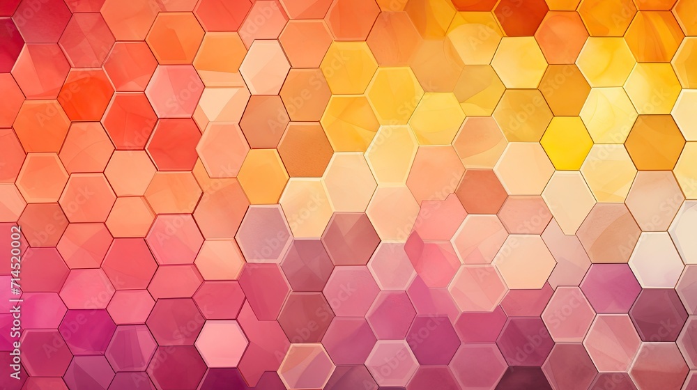 Poster a geometric pattern of hexagons in shades of pink and orange creating a warm inviting effect
