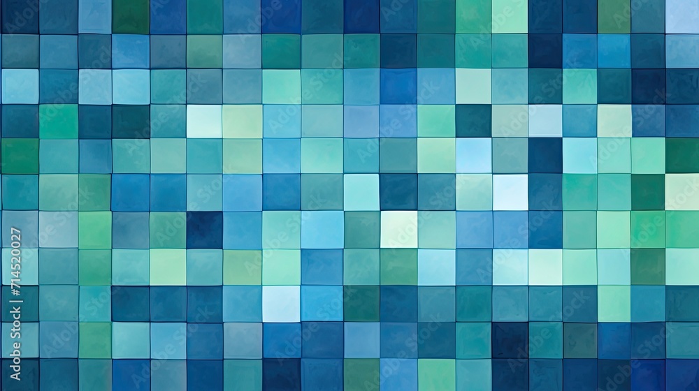 Poster a geometric pattern of squares in shades of blue and green creating a clean effect