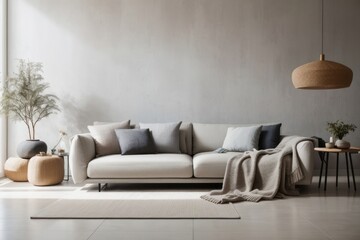 Interior home design of modern living room with gray sofa and houseplants against stucco wall