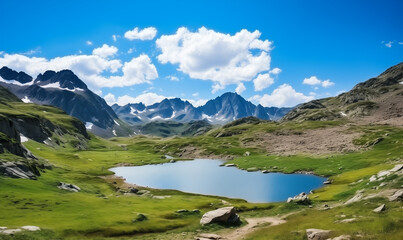 Naklejka na ściany i meble High mountain landscape with small lake, white clouds on blue sky.