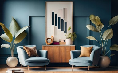 Prototype of a poster with vertical frames on a blank dark blue wall in the living room