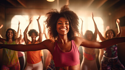 Energetic dance class with joyful woman leading in a bright studio