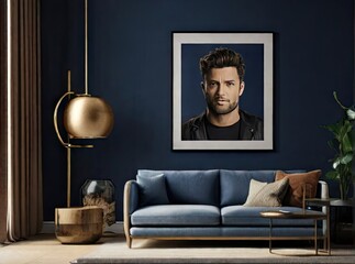 Prototype of a poster with vertical frames on a blank dark blue wall in the living room