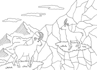 Goat on the cliff mountain graphic black white sketch illustration vector