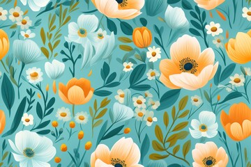 Seamless floral pattern background, bright flowers on a dark blue background for textile, wallpaper, pattern fills, covers, surface, print, gift wrap, scrapbooking, Generative AI
