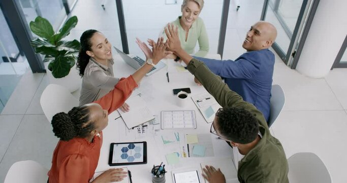 Business people, high five and success in office with meeting for celebration, happy or teamwork. Collaboration, entrepreneur or excited and top view with corporate support for career deal or victory