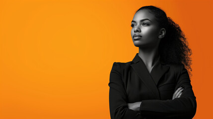 Confident woman in business suit on vibrant orange background, suitable for Black History Month and Women's History Month themes.