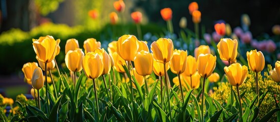 Vivid yellow tulips bloom in a picturesque garden, reminiscent of a storybook.
