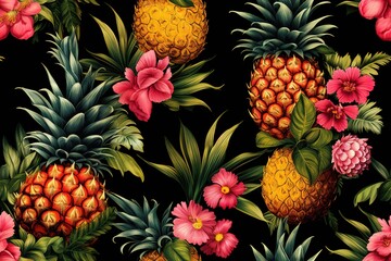 Seamless pattern with hand-drawn watercolor pineapples. Generative AI - obrazy, fototapety, plakaty