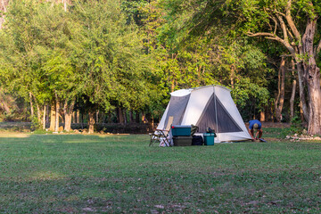 Beautiful tents set up in beautiful nature. Among the trees and green lawns For relaxing holidays and eco-tourism.