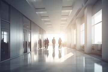 Business, interior concept. Blurred image of business office building interior with walking employees. Background with copy space