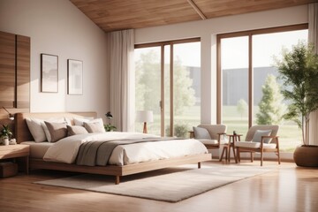 Farmhouse interior home design of modern bedroom with wooden bed and wooden furniture with large window