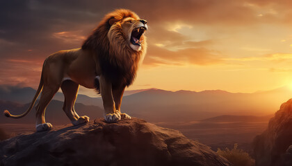 A lion on a mountain roars at sunset - Powered by Adobe