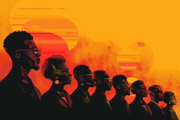 A vibrant illustration celebrating Black History Month with silhouettes of individuals set against a warm-colored background.