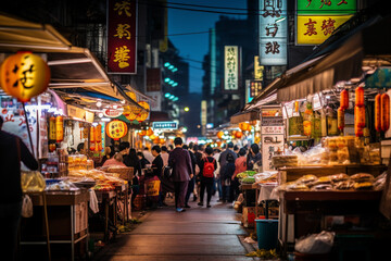 Night Market in Busy Asian Street.