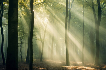 Sunlight Streaming Through Forest Trees.