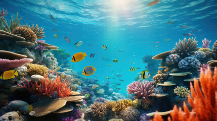 Naklejka na ściany i meble A bustling underwater scene of a coral reef teeming with colorful tropical fish.