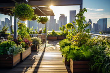 Urban Rooftop Garden with City View.