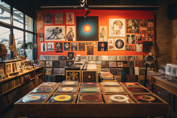 Vintage Record Store Interior. - obrazy, fototapety, plakaty