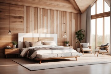 Farmhouse interior home design of modern bedroom with wooden bed and wooden furniture with large window