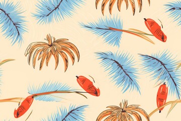 Fototapeta na wymiar Seamless pattern of tropical plant,sun and camera painted in watercolor.For fabric and wallpaper.Natural tropical Background.Suitable for summer.Aroha Hawaii Background. Generative AI