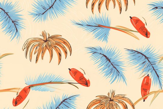 Seamless pattern of tropical plant,sun and camera painted in watercolor.For fabric and wallpaper.Natural tropical Background.Suitable for summer.Aroha Hawaii Background. Generative AI