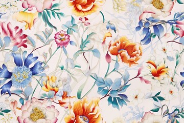 Fototapeta premium Vintage watercolor seamless pattern with blooming peonies, roses and wild flowers, Watercolor natural botanical illustration with summer flowers on beige background Generative AI