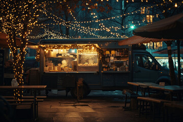 Street food van with a warm garlands on a evening city street. Ai generated