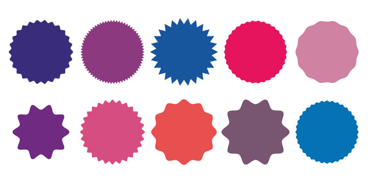 Set of vector starburst, sunburst badges. 10 different color. Simple flat style Vintage labels. Design elements. Colored stickers. A collection of different types and colors icon.