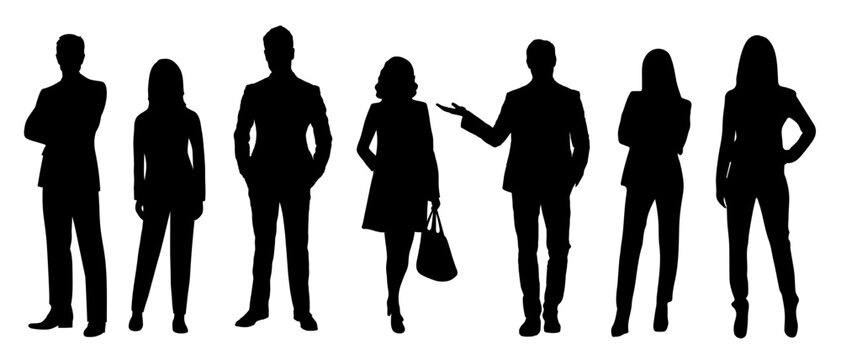 Set of vector corporate business people silhouette on white background. Standing technology business marketing man and woman silhouette. Social media, cyberspace, resume and cv avatar icon or sign.