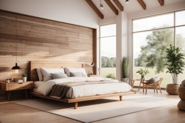 Farmhouse interior home design of modern bedroom with wooden bed and wooden furniture with large window