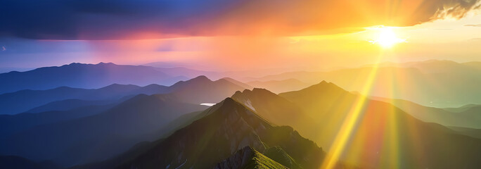 mountain landscape at sunset with sun, AI generated